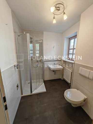 Modernes Badezimmer mit Dusche, Waschbecken und Toilette in neutralen Farben.